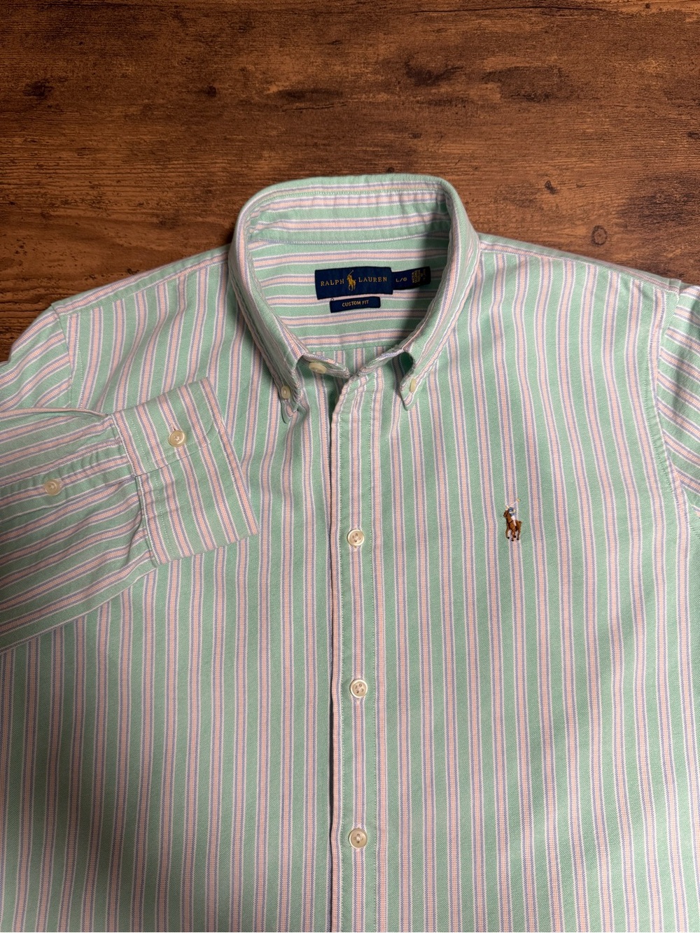 Ralph Lauren Men’s Large Custom Fit Green Stripe 100% Cotton Long Sleeve Shirt